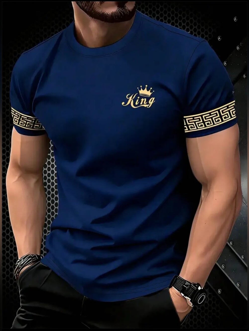 King - Men's Breathable T-Shirt - Soft, Round Neck, Short Sleeve, Blue/Gold XL